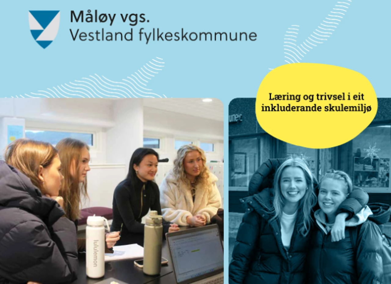 Utsnitt av brosjyra. På brosjyra ser vi eit bilete av to jenter som held rundt kvarandre og smiler mot kamera og eit bilete av fire jenter som sit med skulearbeid. På brosjyra står teksten: "Læring og trivsel i eit inkluderande skulemiljø".
